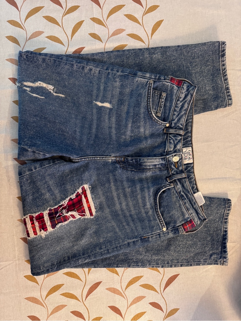 Tommy Hilfiger Gigi Hadid Blue Straight-Leg Jeans with Red Plaid Inserts